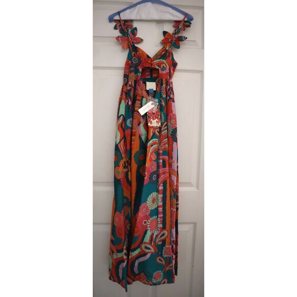 Farm Rio x Anthropologie Women's Sz XXS Multi Pleated Palm Midi Dress - Picture 2 of 16